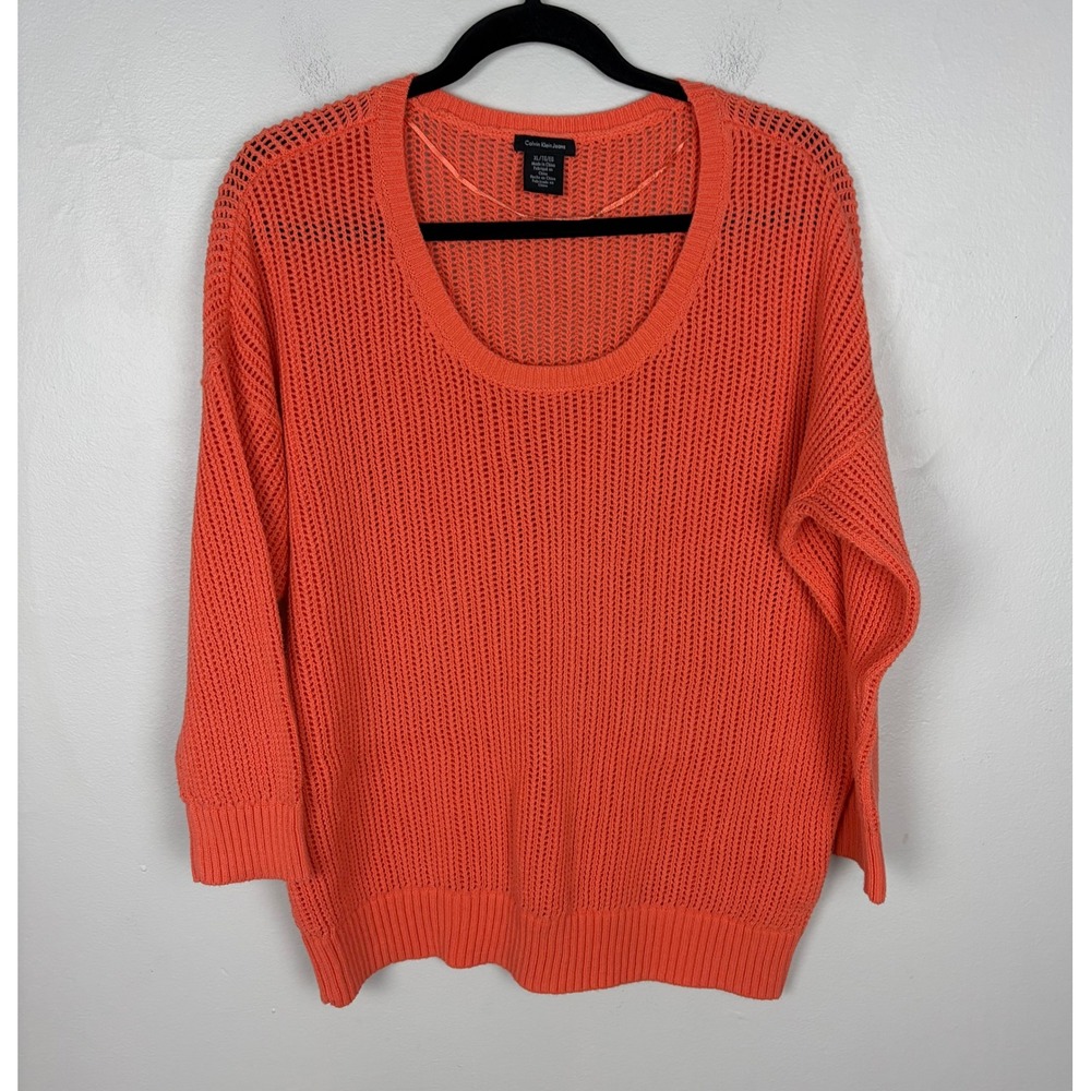 Calvin Klein Jeans Sweater Orange Open Knit Scoop Neck Spring Transitional XL - Picture 1 of 5